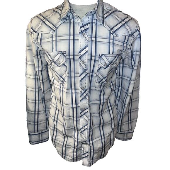Ely 1878 Plaid Western Long Sleeve Snap Front Shirt Blue Embroidered Size Medium - Picture 1 of 15